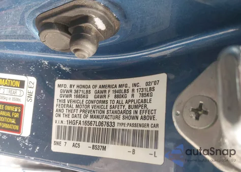 2007 Honda Civic Lx из США, поврежденный, VIN 1HGFA16567L067633